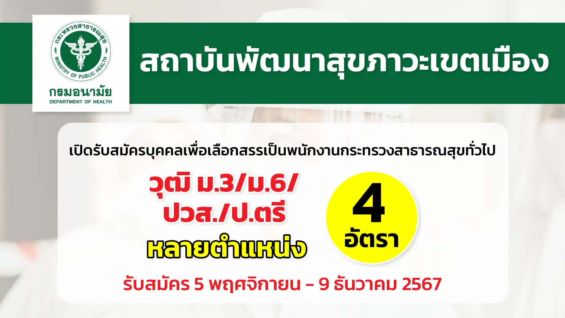สถาบันสุขภาวะเขตเมือง เปิดรับสมัครบุคคลเพื่อเลือกสรรเป็นพนักงานกระทรวงสาธารณสุขทั่วไป